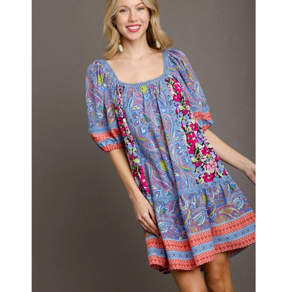 Umgee Blue Paisley Floral Boho Short Dress